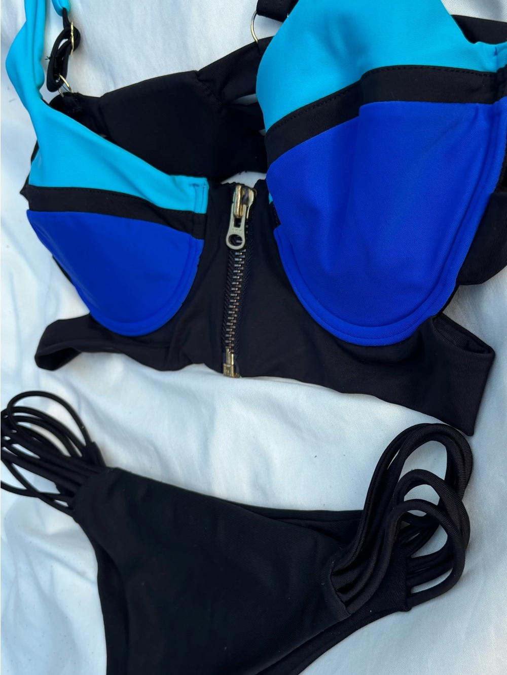 Beach Bunny Black, Royal Blue & Aqua Zip-Front Bikini Set